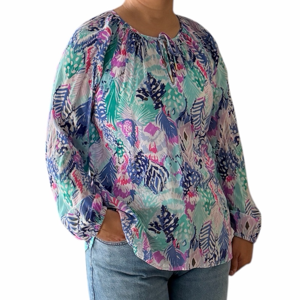 Lilly Pulitzer Women Medium Multicolor Leaf Patterned Long Sleeve Crewneck Top